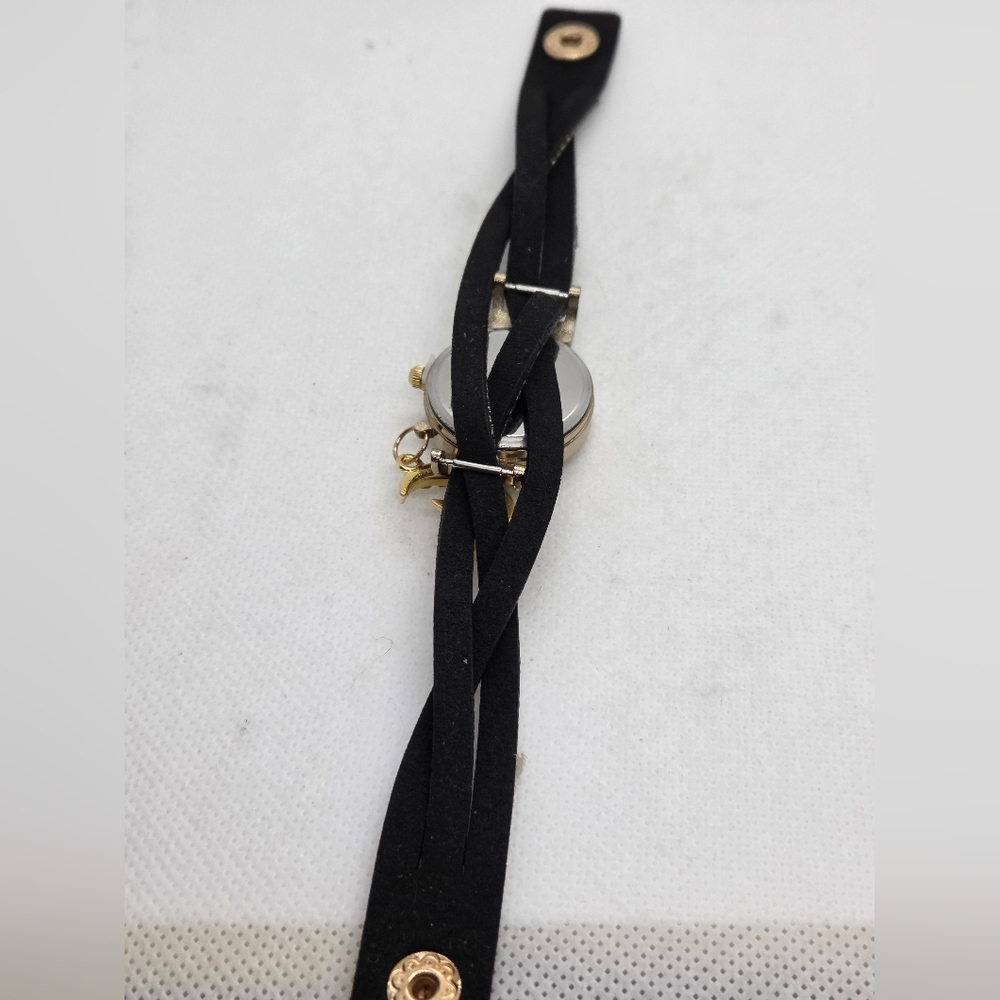 Gold and Black Women's Quartz Watch with Crystal And Leather Charm Accents - Picture 3 of 6